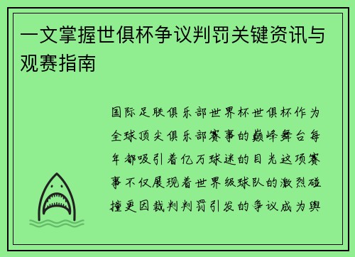 一文掌握世俱杯争议判罚关键资讯与观赛指南
