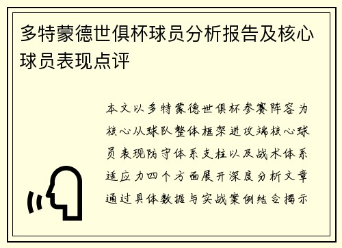 多特蒙德世俱杯球员分析报告及核心球员表现点评