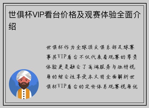世俱杯VIP看台价格及观赛体验全面介绍